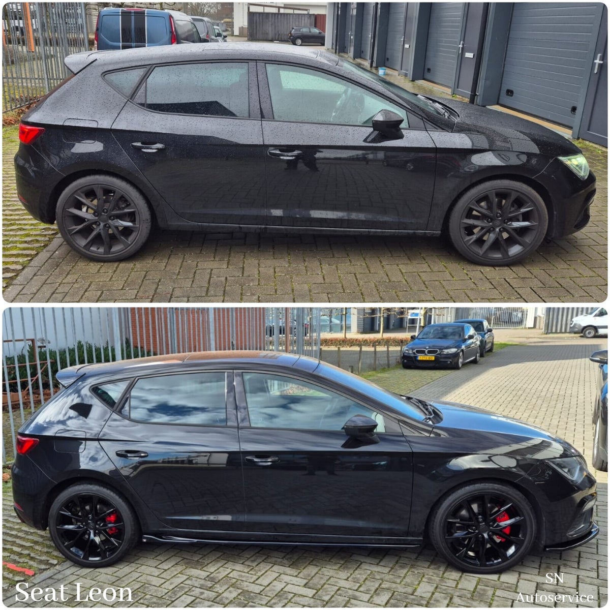Voor en na restyling met rood gelakte remklauwen op een Seat Leon